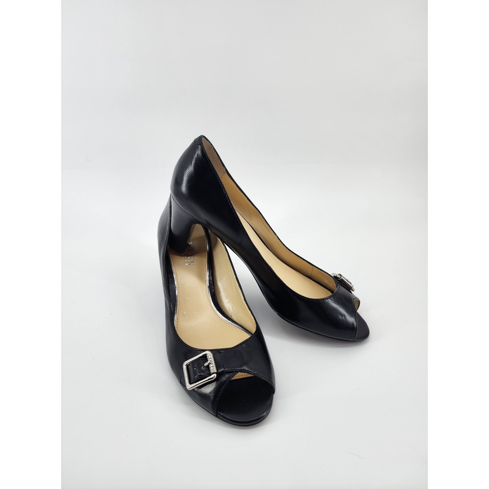 Lauren Ralph Lauren‎ Damaris Black Leather Peep Toe Buckle Pumps Heels 7B